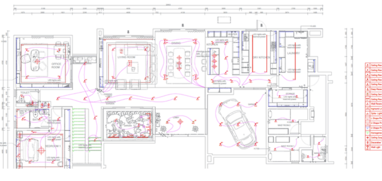 Example Lightflux lighting layout showing fixture positions and reference codes on a furniture plan